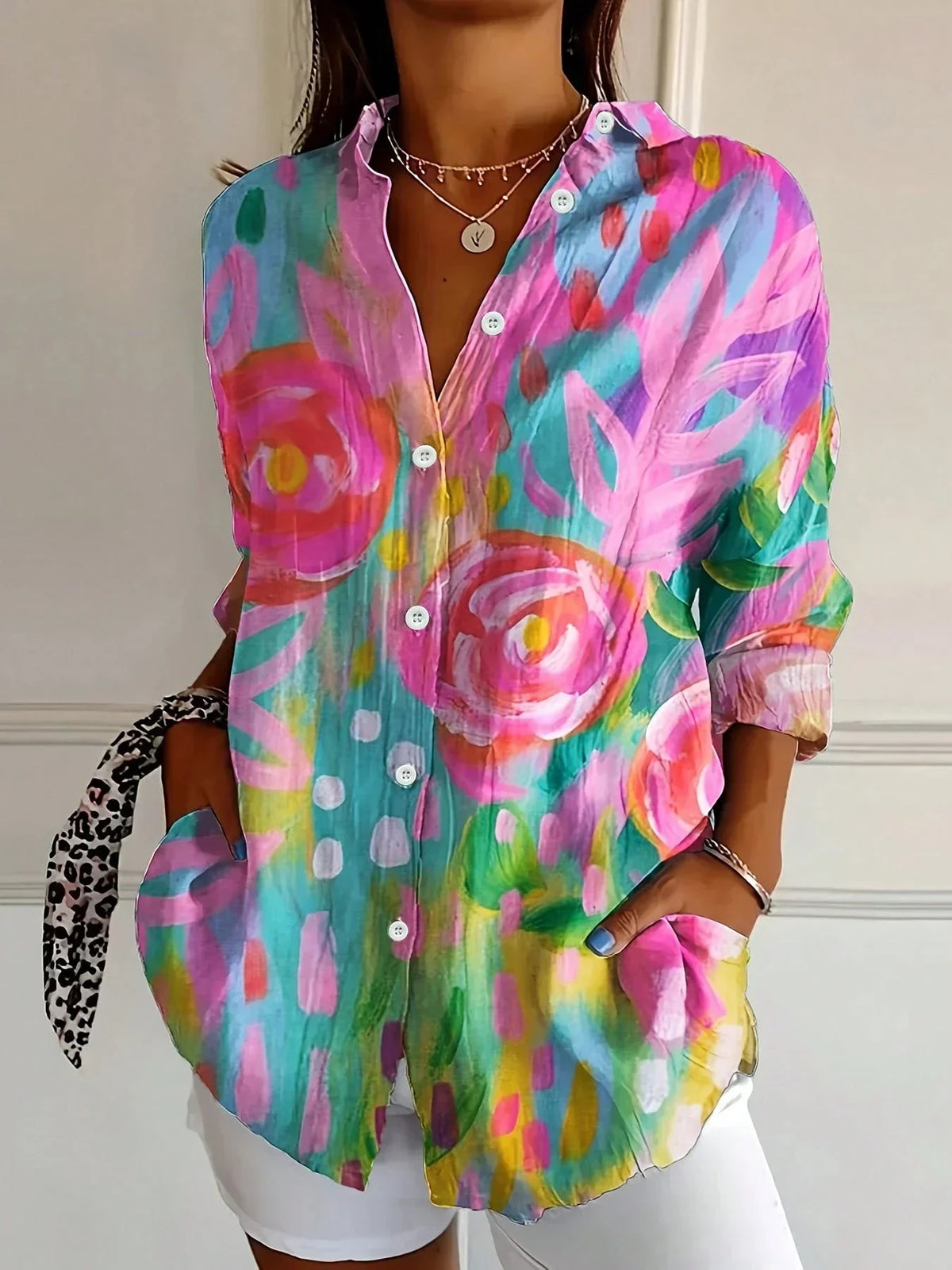 Abstract print button-front collared long sleeve blouse for women | Marisela