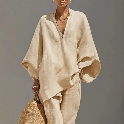 Linen batwing sleeve tapered pant set for women | Cordella