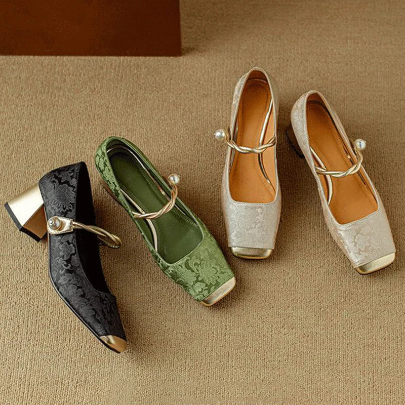 Casvian Floral Embossed Square Toe Heels | Amara