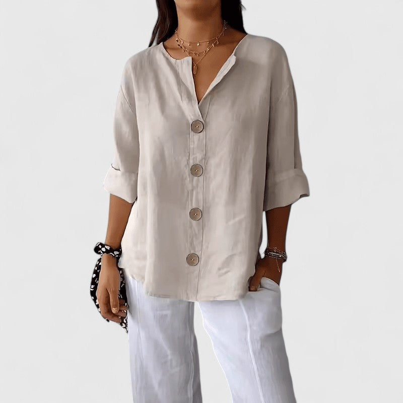 Lurevia | Women's Button Front Roll Tab Sleeve Blouse