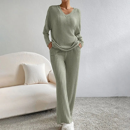 Ribbed knitted V-neck matching set for women | Kathy