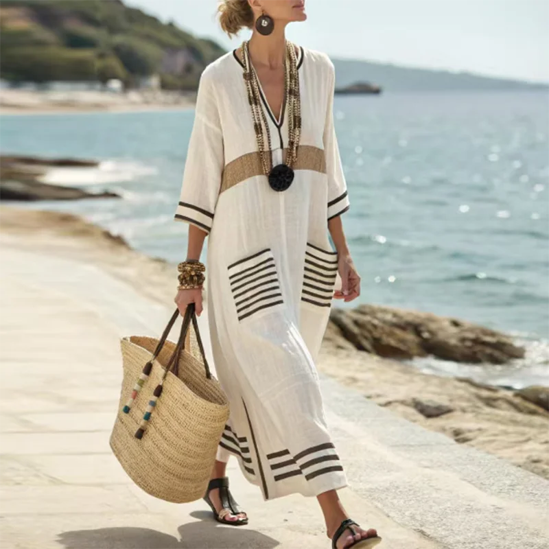 Striped coastal kaftan maxi dress for women | Santorini