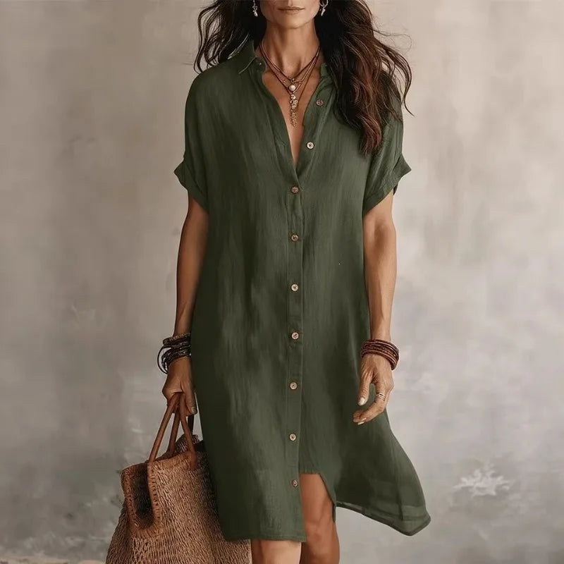 Cotton linen relaxed button down shirt dress for women | Rowan