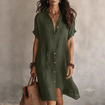 Cotton linen relaxed button down shirt dress for women | Rowan