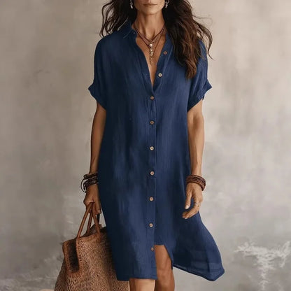 Cotton linen relaxed button down shirt dress for women | Rowan
