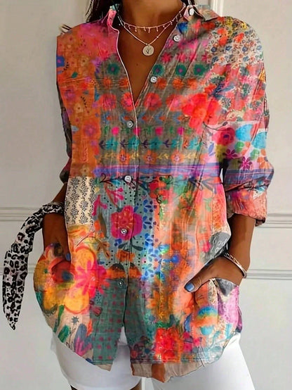 Abstract print button-front collared long sleeve blouse for women | Marisela