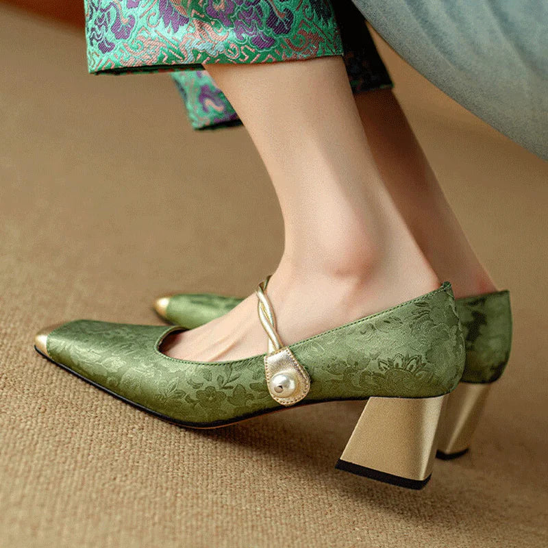 Casvian Floral Embossed Square Toe Heels | Amara