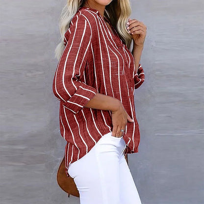 Striped cotton relaxed fit V-neck shirt for women | Lunelle