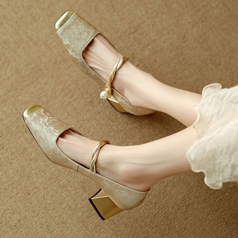 Casvian Floral Embossed Square Toe Heels | Amara