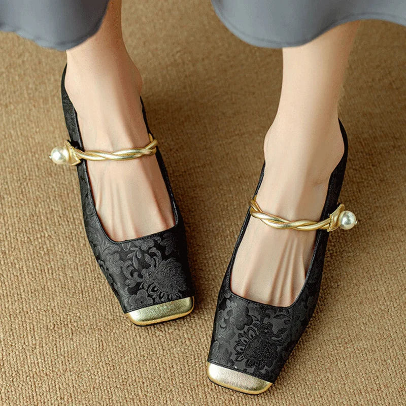 Casvian Floral Embossed Square Toe Heels | Amara