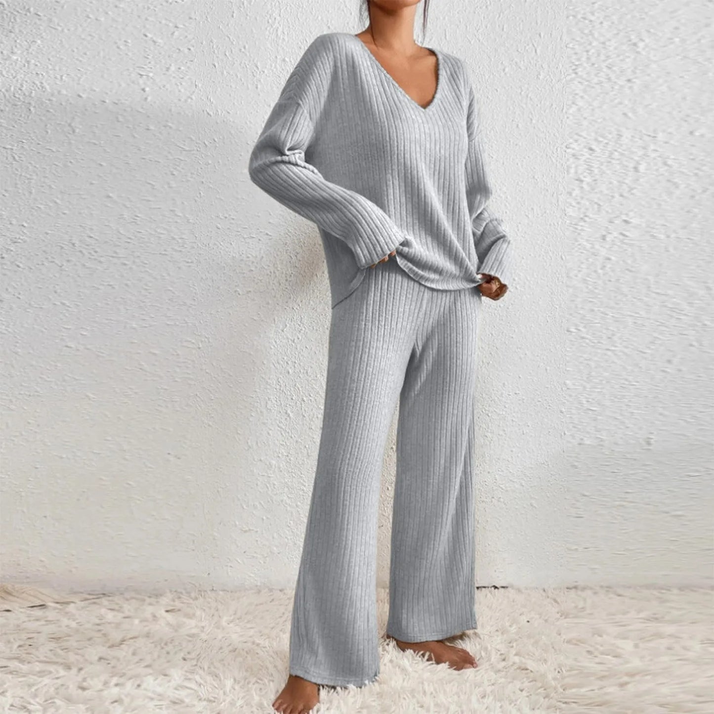 Ribbed knitted V-neck matching set for women | Kathy