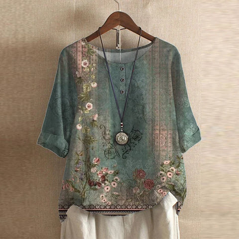 Vintage floral print round neck short sleeve relaxed blouse for women | Marisela