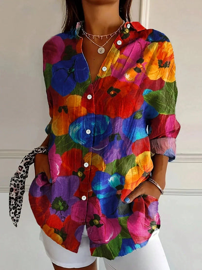 Abstract print button-front collared long sleeve blouse for women | Marisela