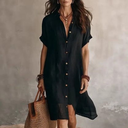 Cotton linen relaxed button down shirt dress for women | Rowan