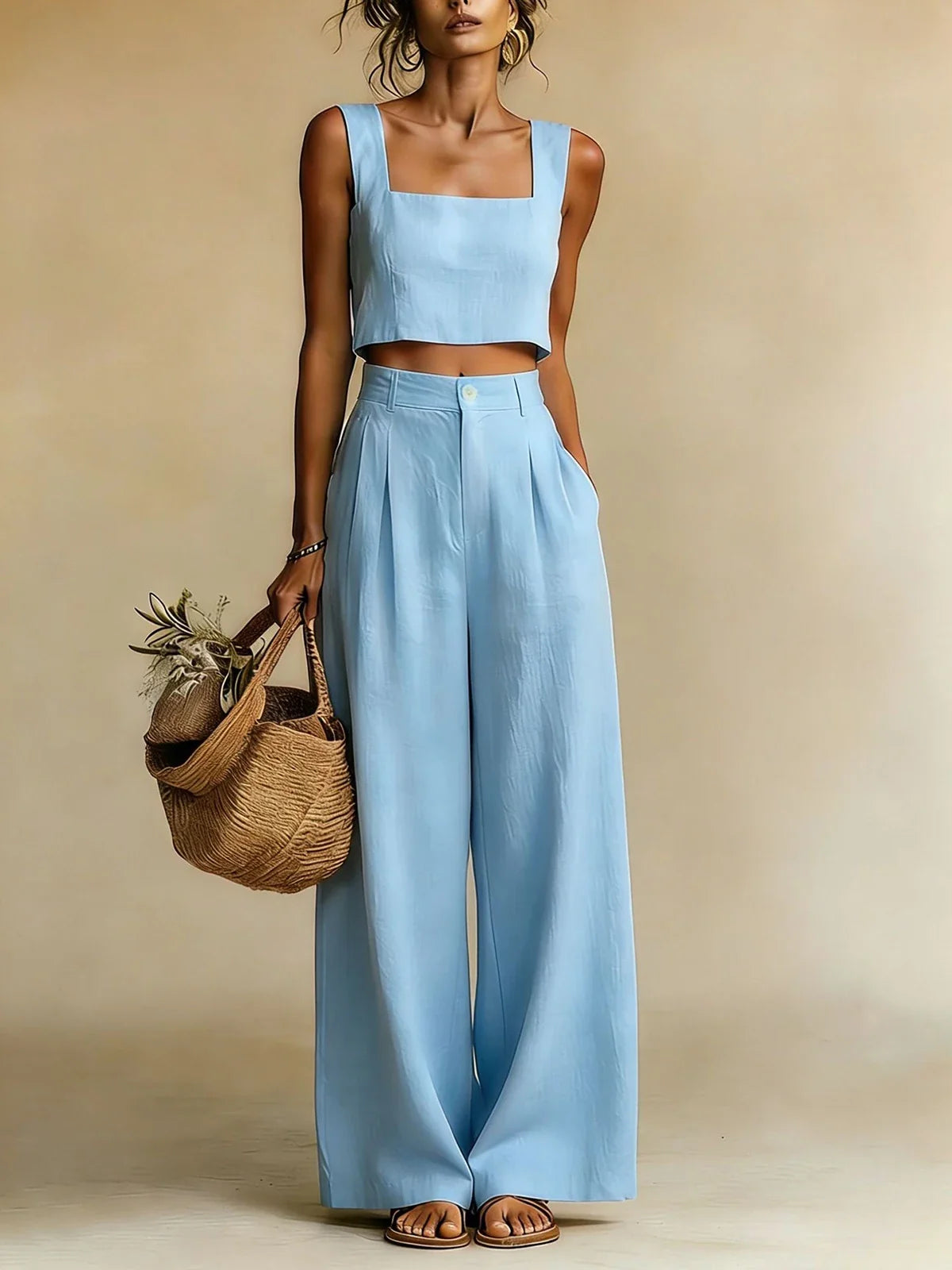 Sleeveless square neck palazzo pants set for women | Peachy