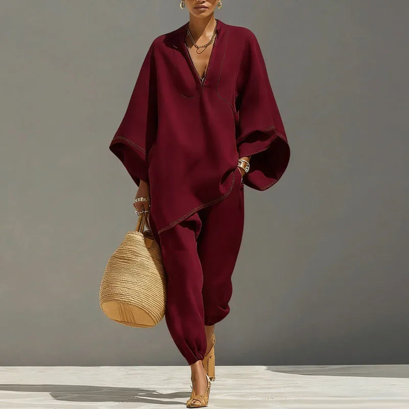 Linen batwing sleeve tapered pant set for women | Cordella
