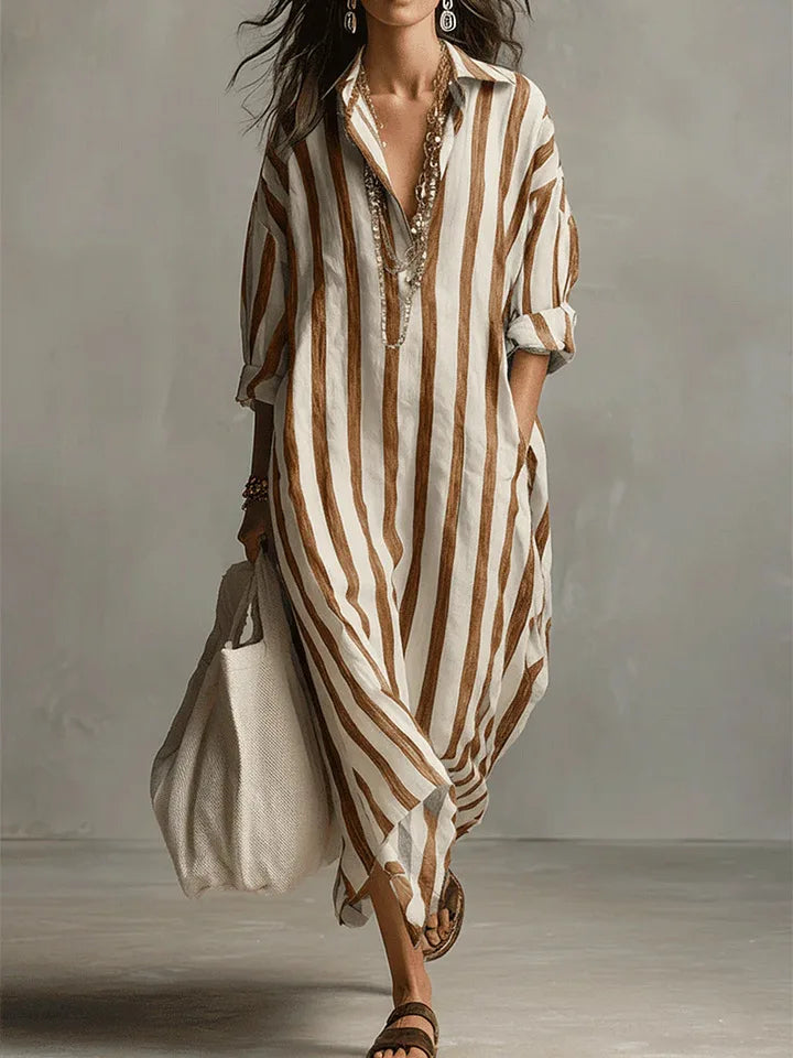 Striped oversized linen shirt maxi dress for women | Marisela