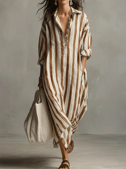 Striped oversized linen shirt maxi dress for women | Marisela