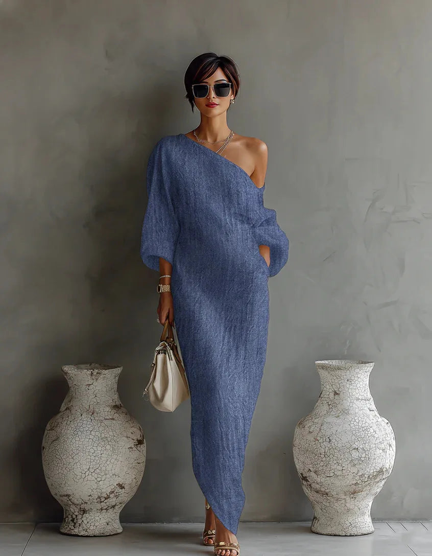 Textured linen one shoulder dress for women | Daisy