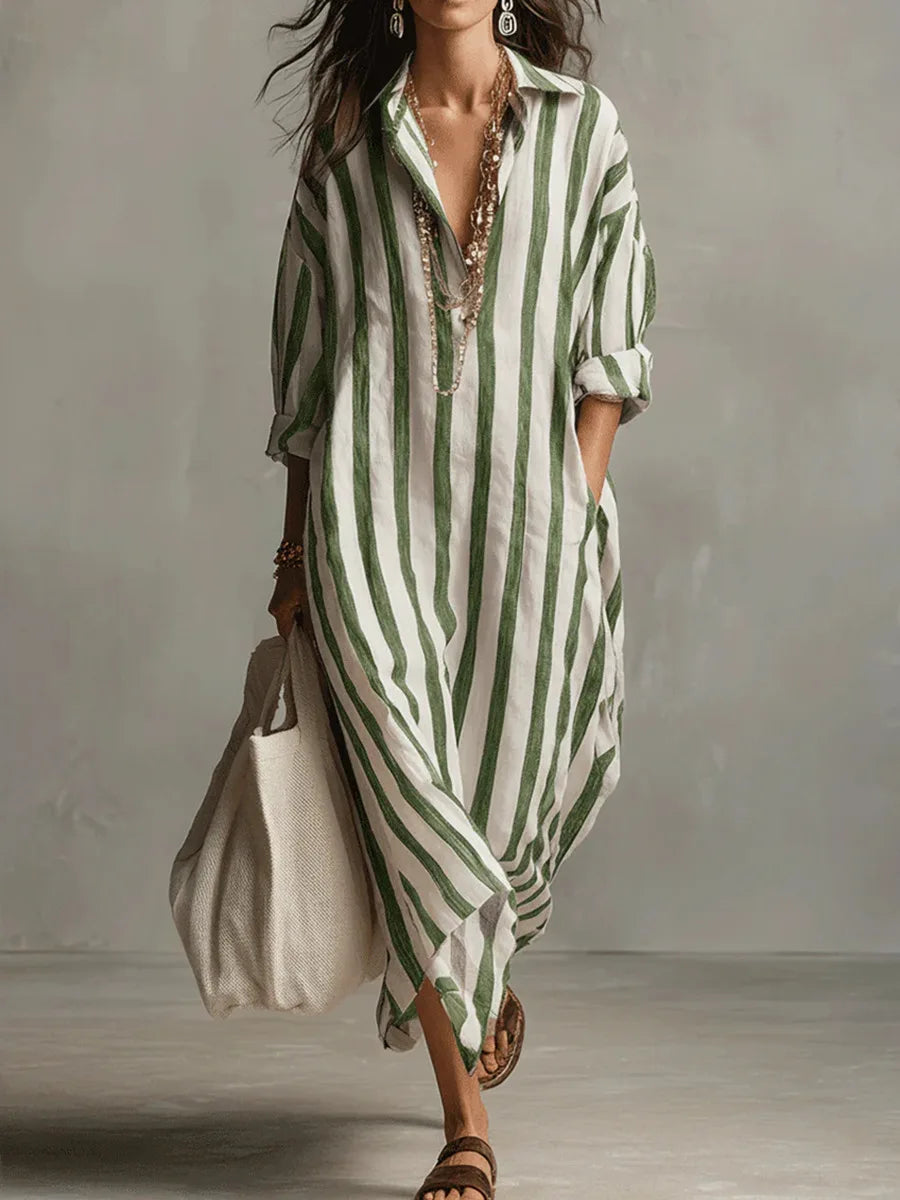 Striped oversized linen shirt maxi dress for women | Marisela