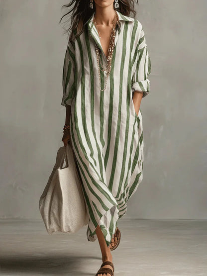 Striped oversized linen shirt maxi dress for women | Marisela