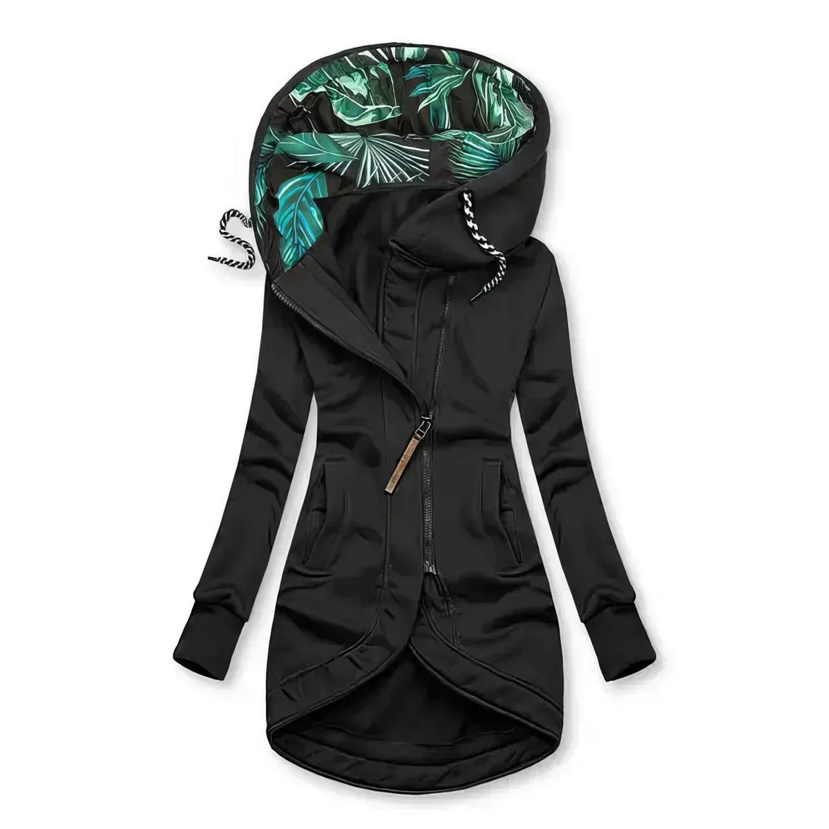 Hooded longline zip-up lightweight jacket for women | Marisela