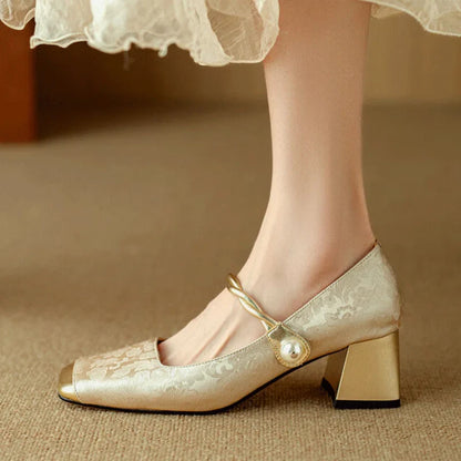 Casvian Floral Embossed Square Toe Heels | Amara