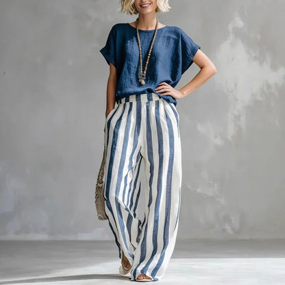 Striped linen wide leg trouser set for women | Vanessa