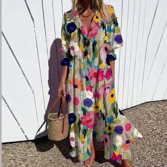 Floral V-neck long sleeve front slit maxi dress for women | Marisela