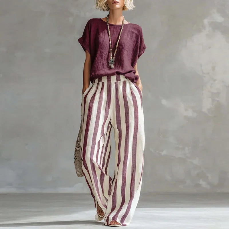 Striped linen wide leg trouser set for women | Vanessa