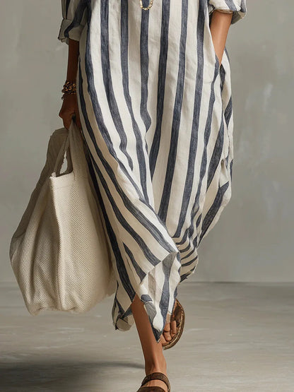 Striped oversized linen shirt maxi dress for women | Marisela