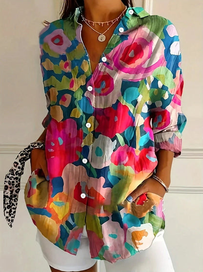 Abstract print button-front collared long sleeve blouse for women | Marisela