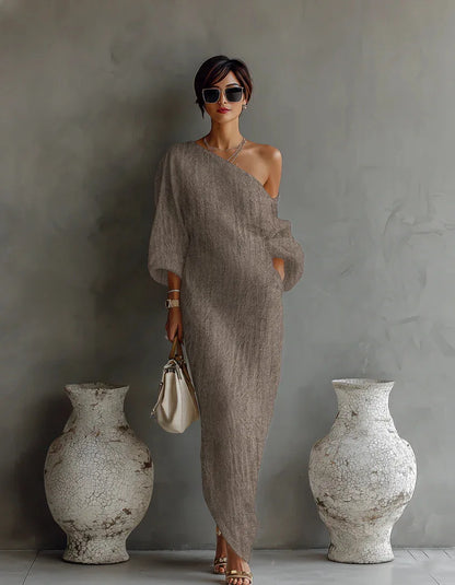 Textured linen one shoulder dress for women | Daisy