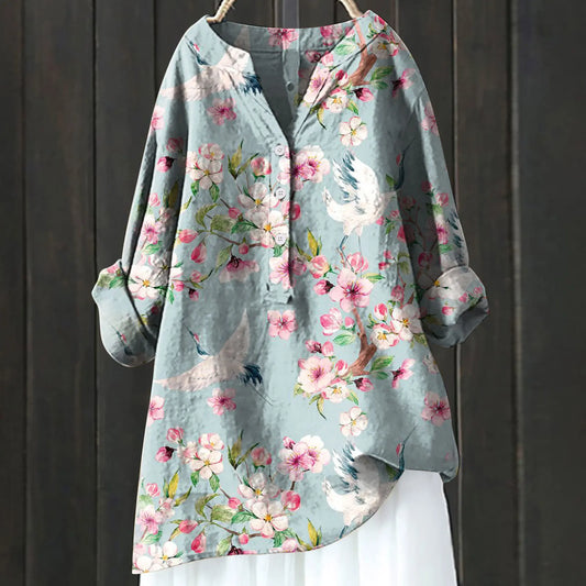 Vintage floral art print linen long sleeve shirt for women | Luna