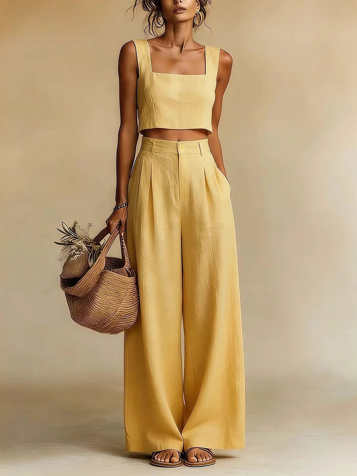 Sleeveless square neck palazzo pants set for women | Peachy