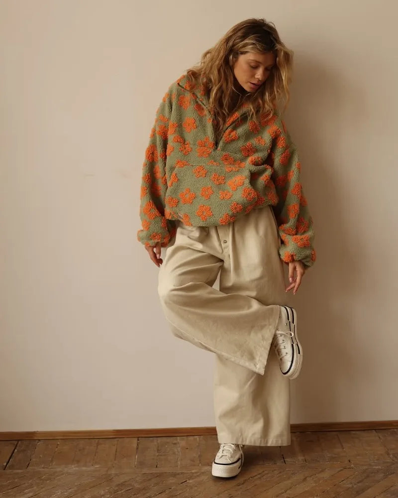 Elegant floral sherpa pullover for women | Elara