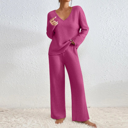 Ribbed knitted V-neck matching set for women | Kathy