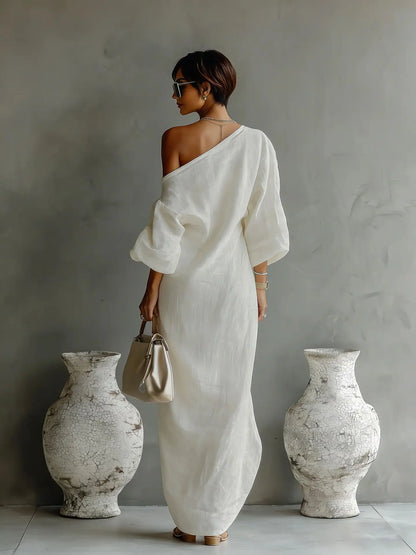 Textured linen one shoulder dress for women | Daisy