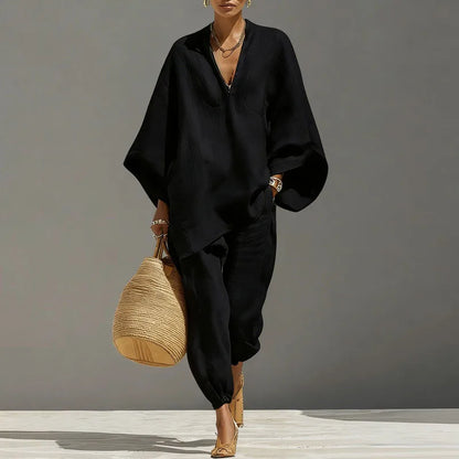 Linen batwing sleeve tapered pant set for women | Cordella