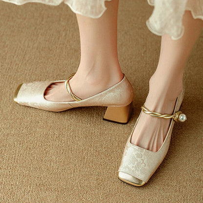 Casvian Floral Embossed Square Toe Heels | Amara