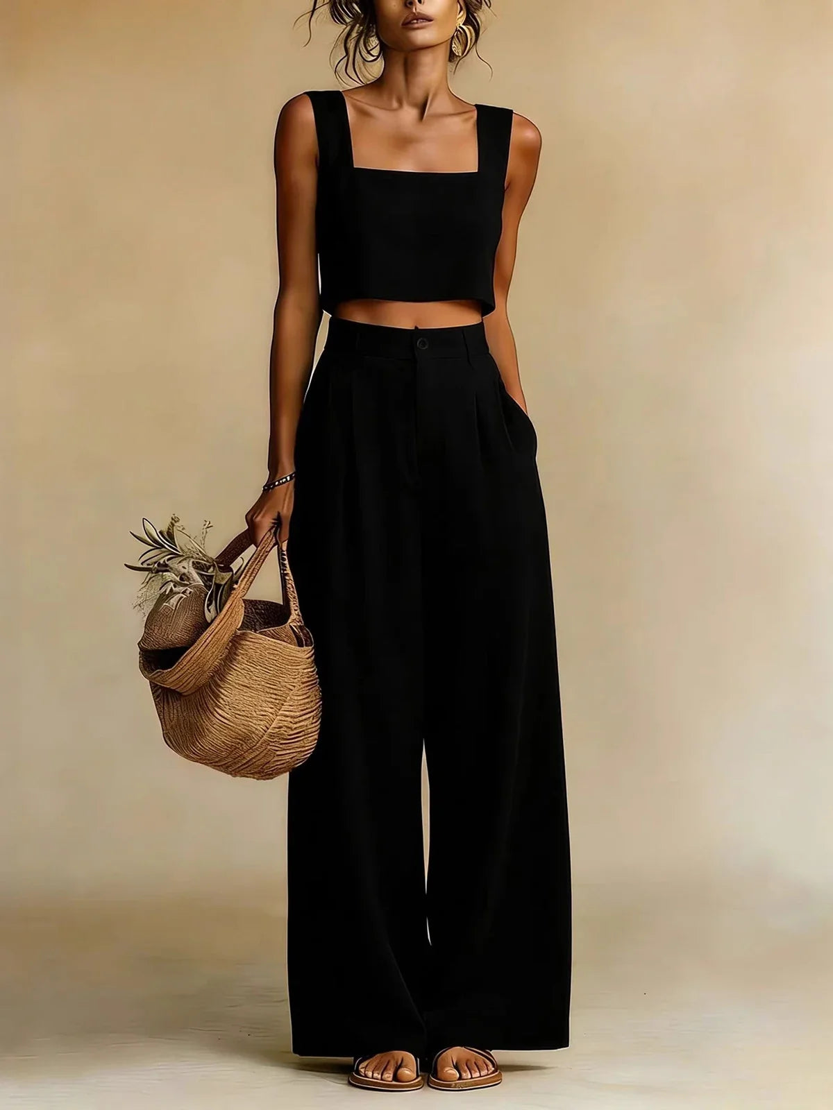 Sleeveless square neck palazzo pants set for women | Peachy