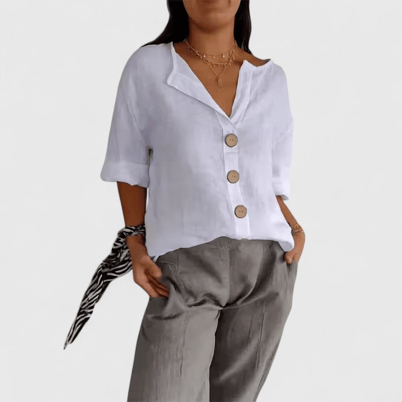 Lurevia | Women's Button Front Roll Tab Sleeve Blouse