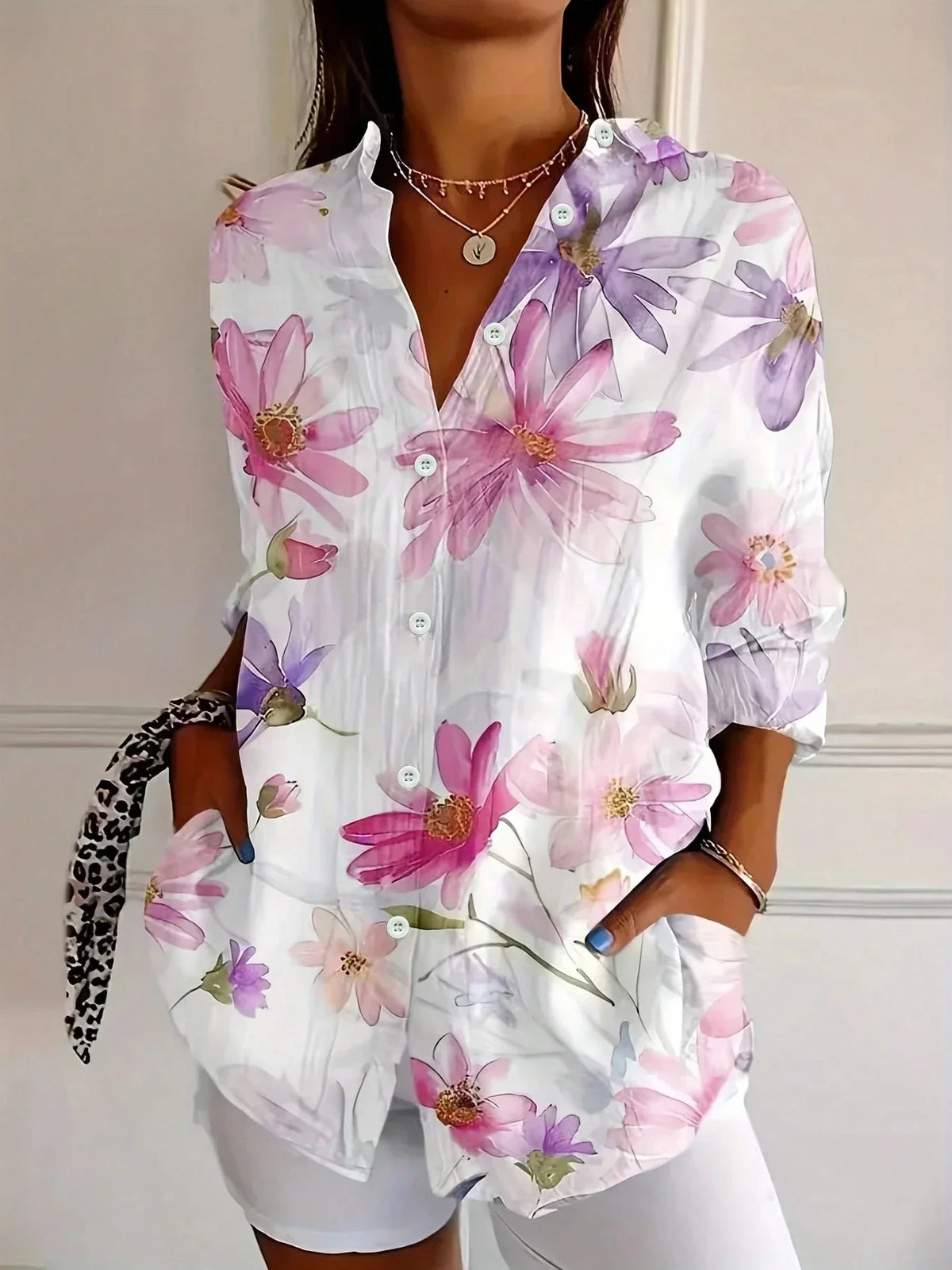 Abstract print button-front collared long sleeve blouse for women | Marisela