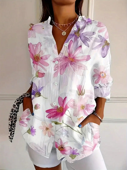 Abstract print button-front collared long sleeve blouse for women | Marisela