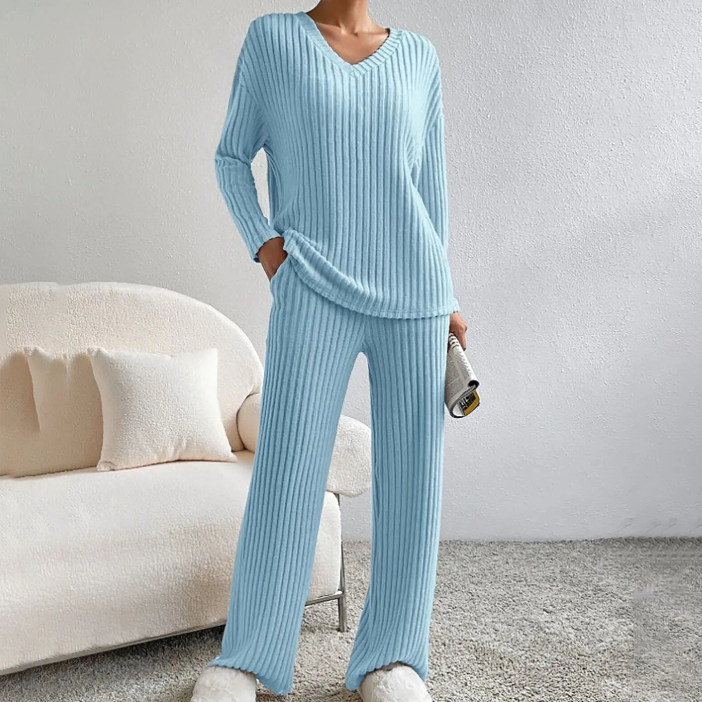 Ribbed knitted V-neck matching set for women | Kathy