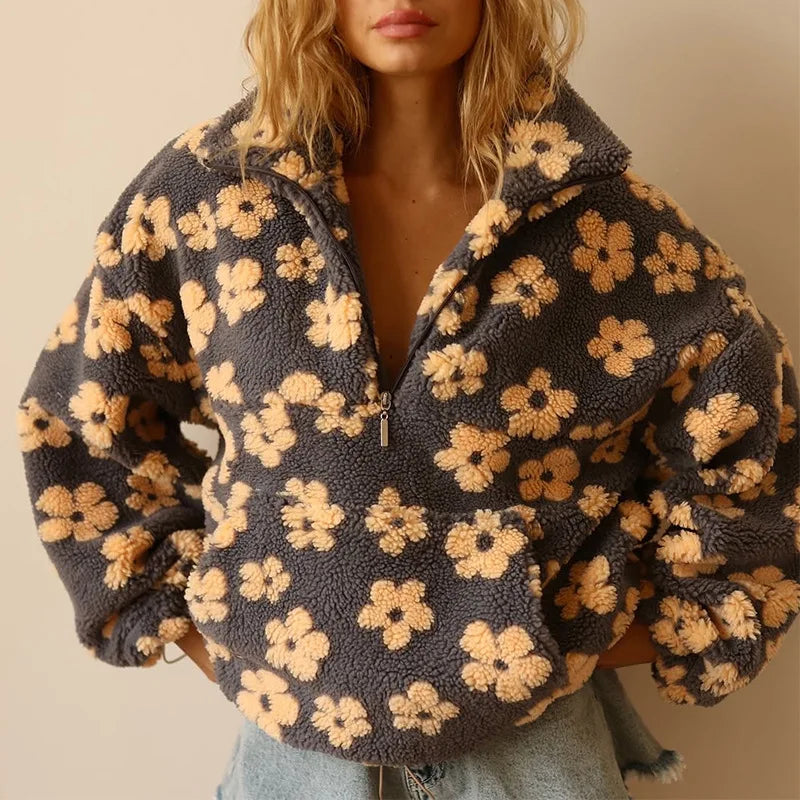 Elegant floral sherpa pullover for women | Elara