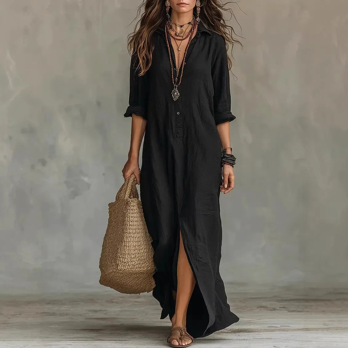Relaxed cotton long shirt dress for women | Agnes