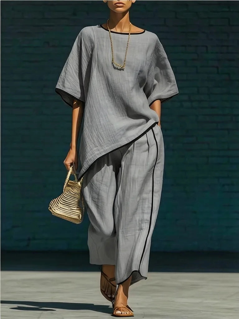 Linen cropped wide leg pant set for women | Anila