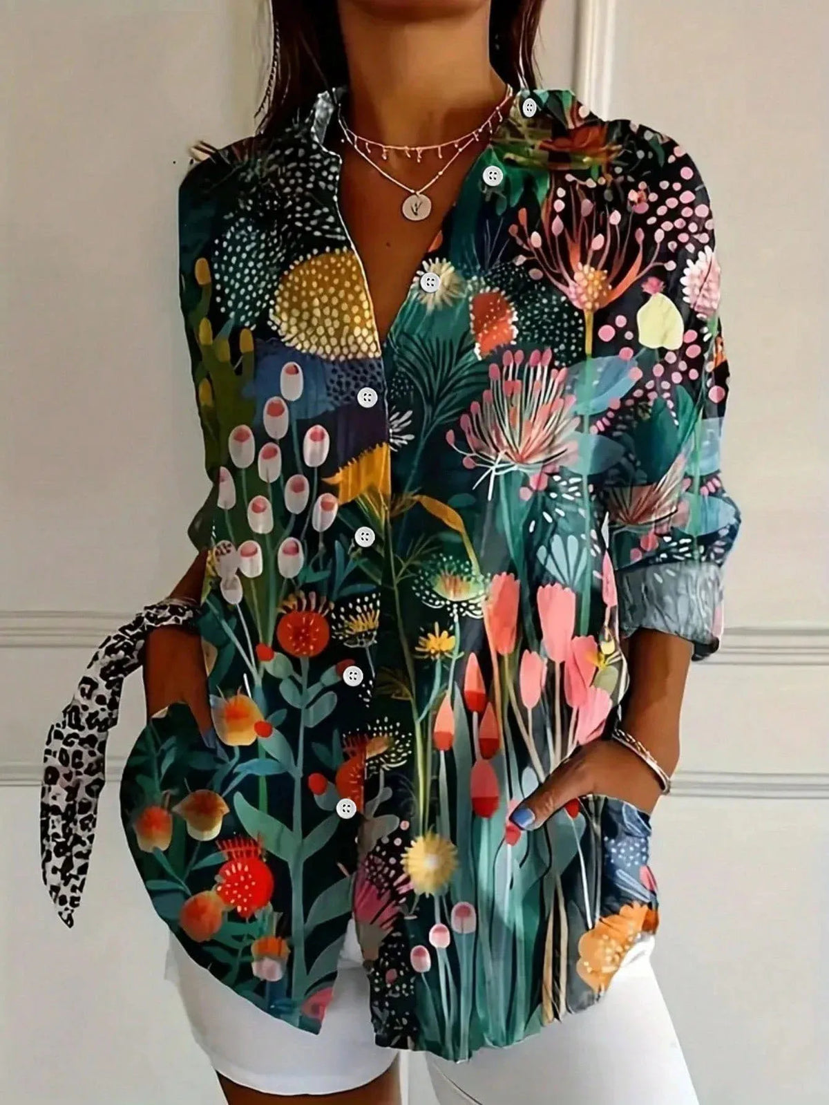 Abstract print button-front collared long sleeve blouse for women | Marisela