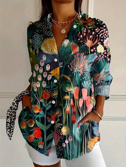 Abstract print button-front collared long sleeve blouse for women | Marisela
